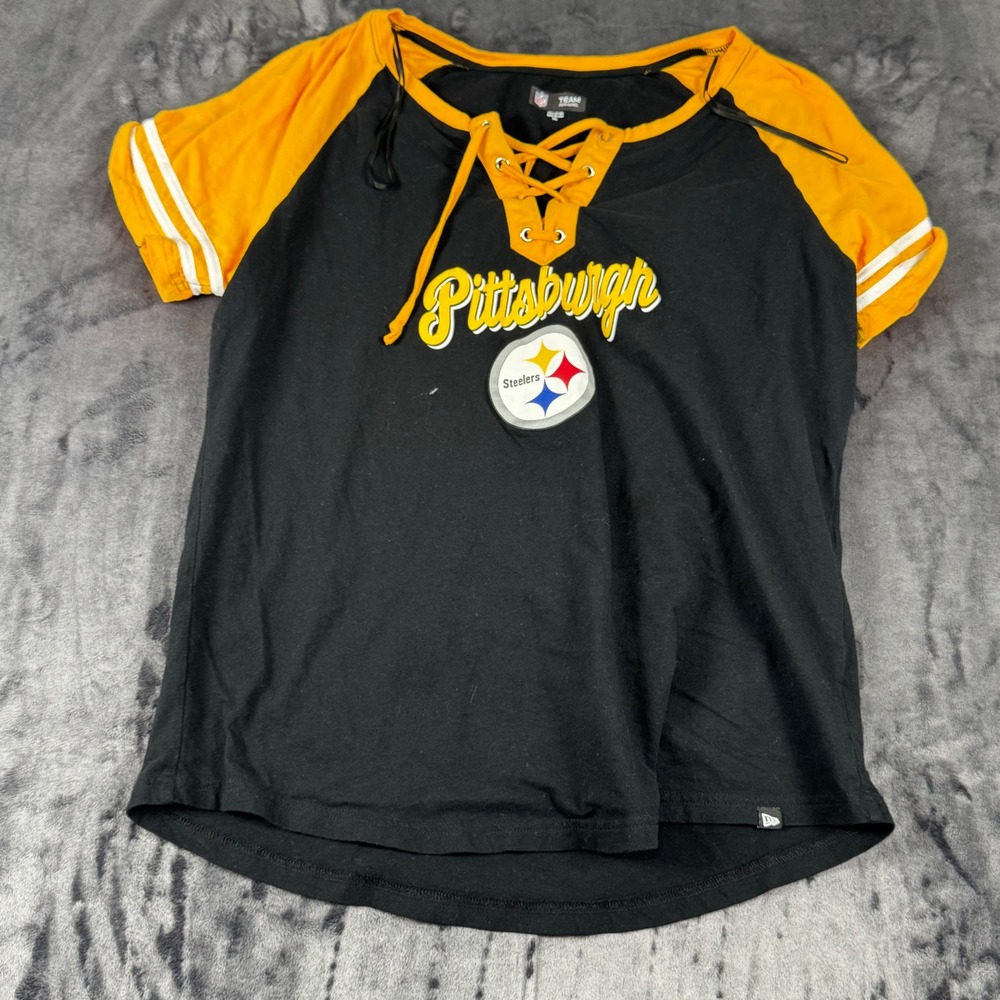 NFL Team Apparel T-Shirt Women XXL Black Pittsburgh Steelers Lace Up Raglan